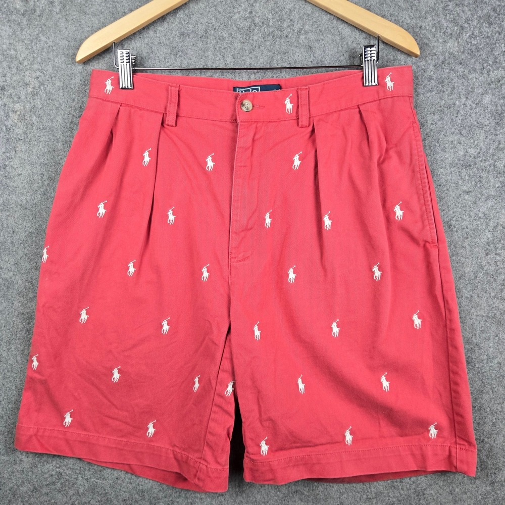 Polo Ralph Lauren Tyler Short Mens 33 Red All Over Pony Logo Pleated Chino Short
